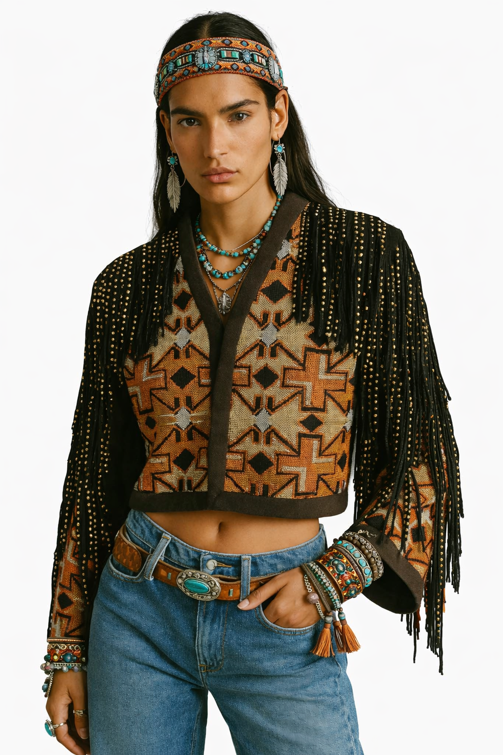 Tribal Fringe Studded Crop Jacket