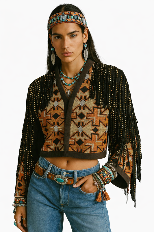 Tribal Fringe Studded Crop Jacket
