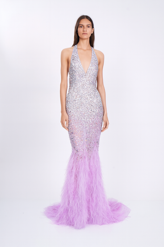 Lilac Sequin Feathered Mermaid Gown