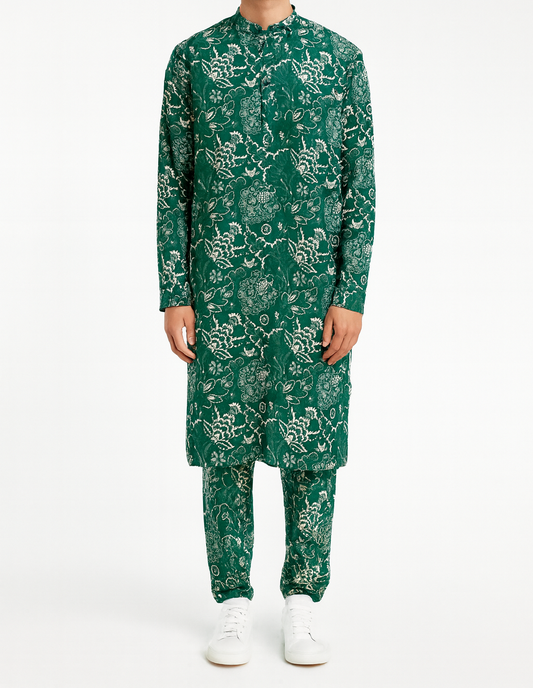 Emerald Green Floral Block-Print Kurta