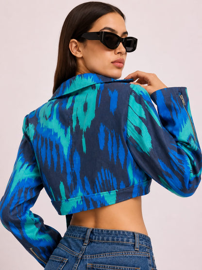 Blue Abstract Print Cropped Jacket