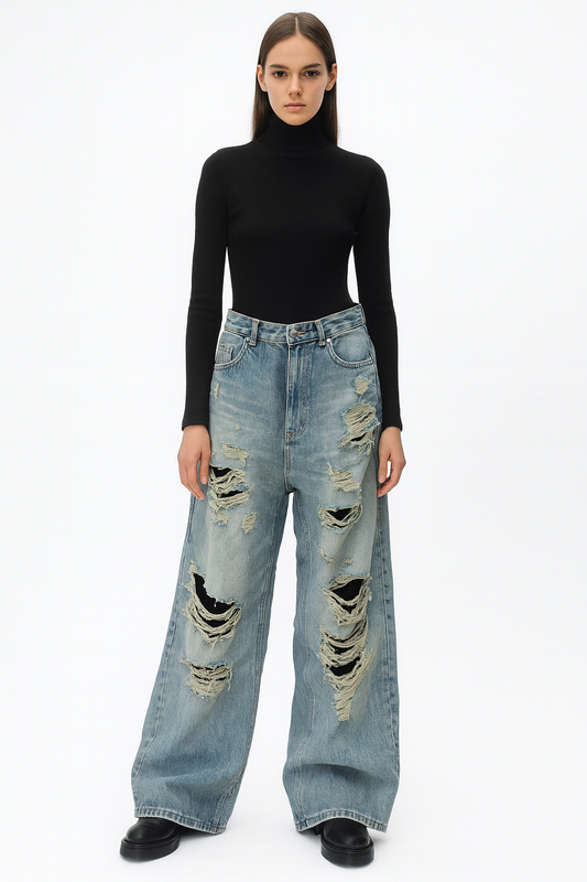 Light Blue Distressed Wide-Leg Jeans