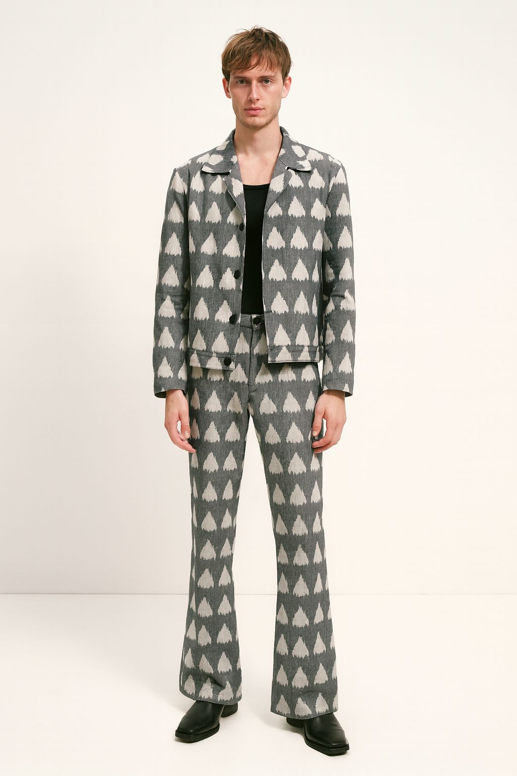 Grey Ikat Print Jacket & Flared Trouser Set