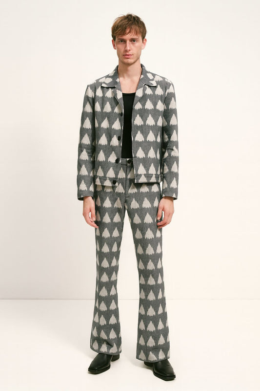 Grey Ikat Print Jacket & Flared Trouser Set