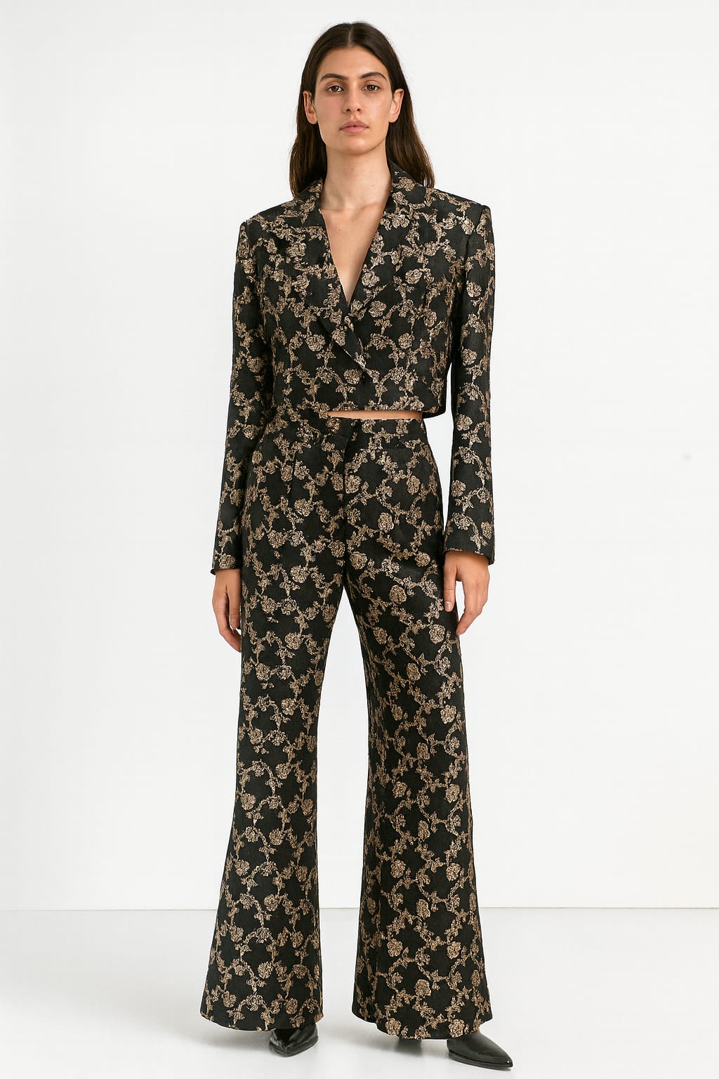 Black & Gold Floral Brocade Pant Set