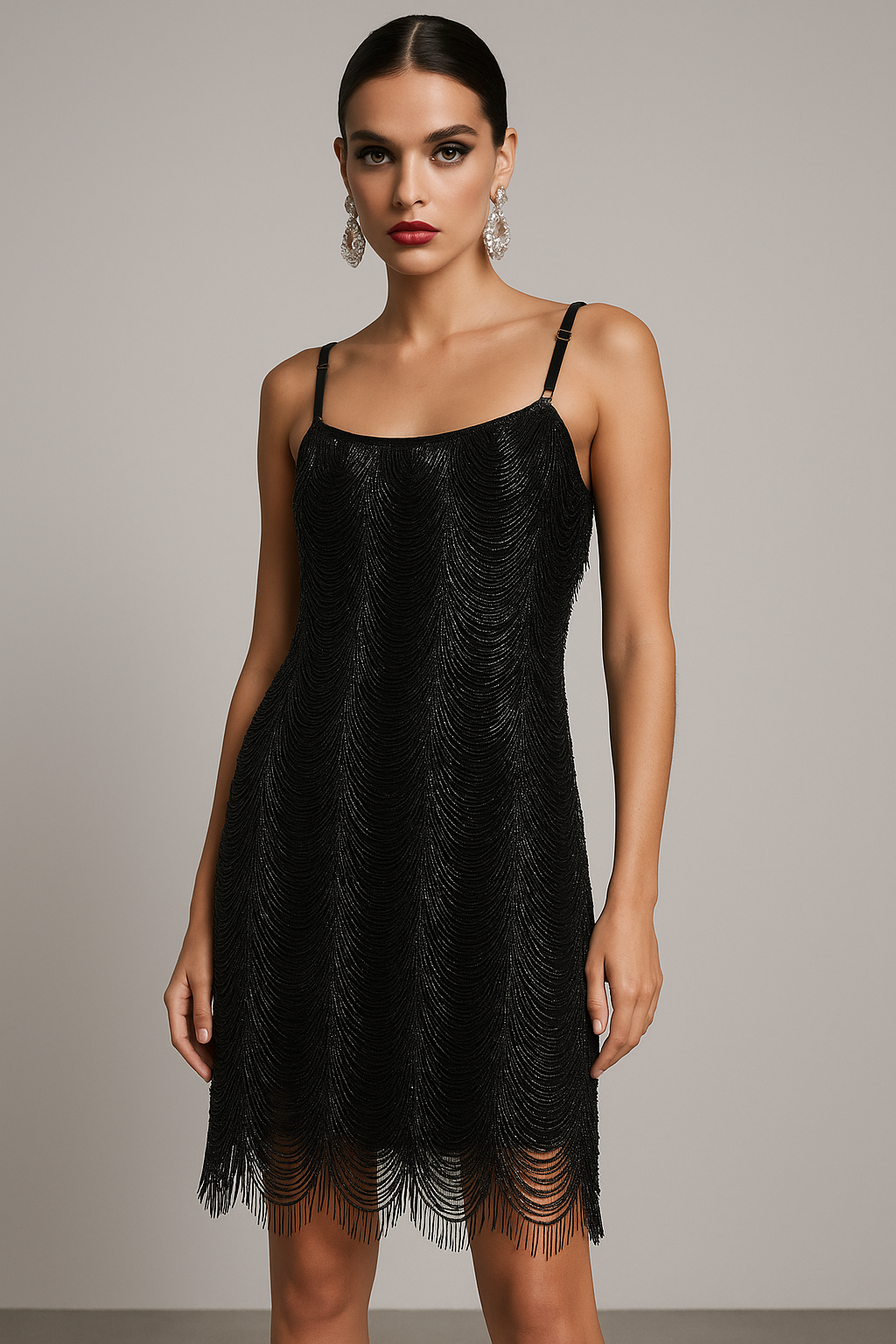 Black Beaded Fringe Slip Dress
