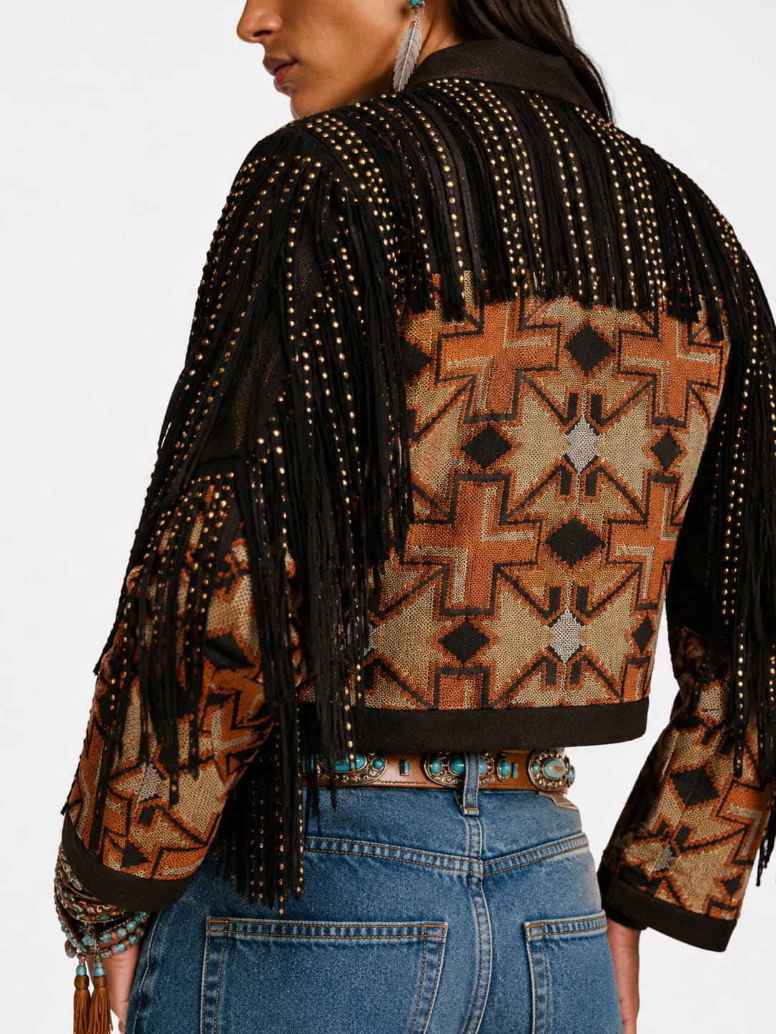Tribal Fringe Studded Crop Jacket
