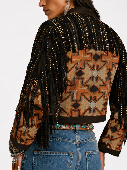 Tribal Fringe Studded Crop Jacket
