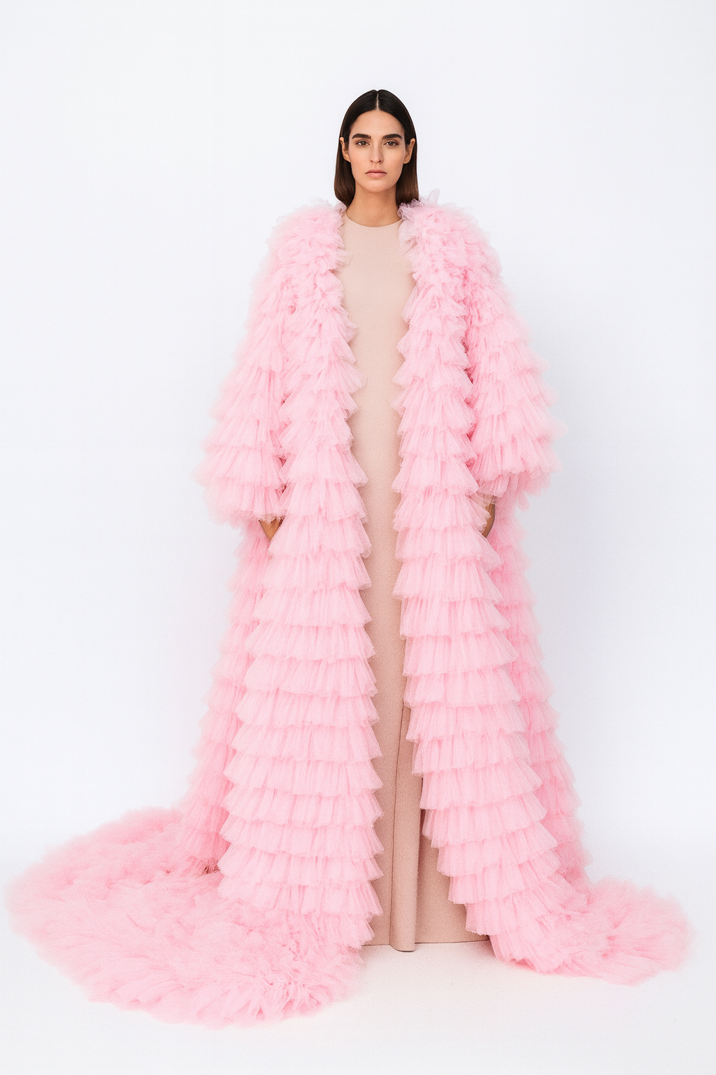 Blush Pink Tiered Tulle Gown Coat