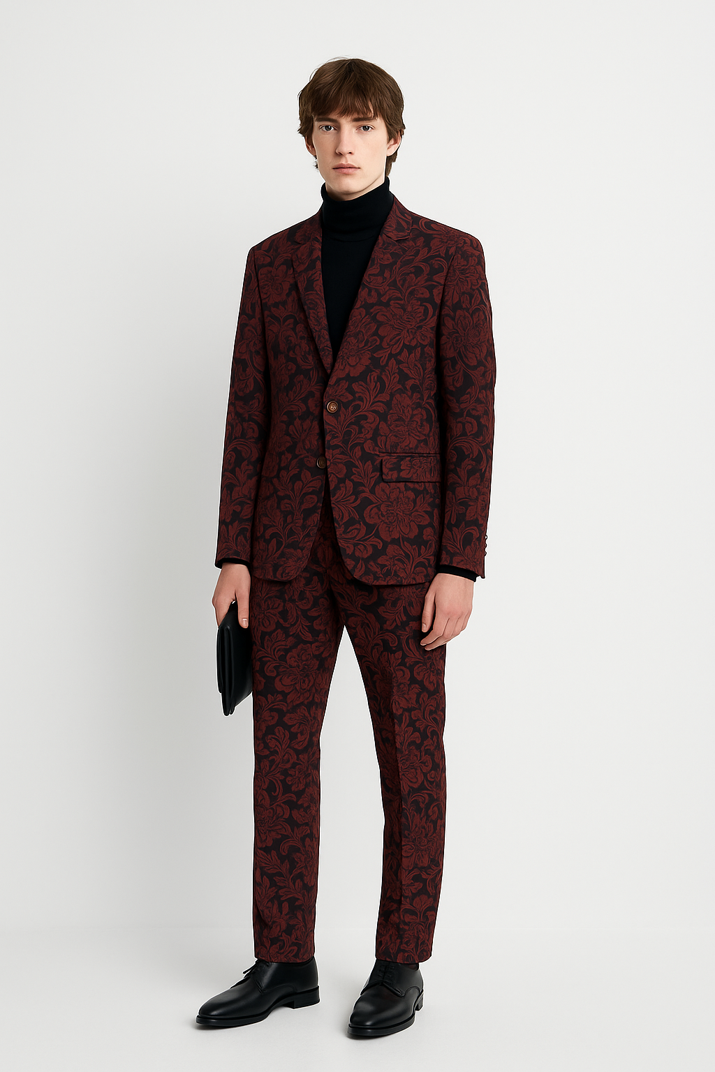 Burgundy Floral Jacquard Suit – Classic Tailored Set