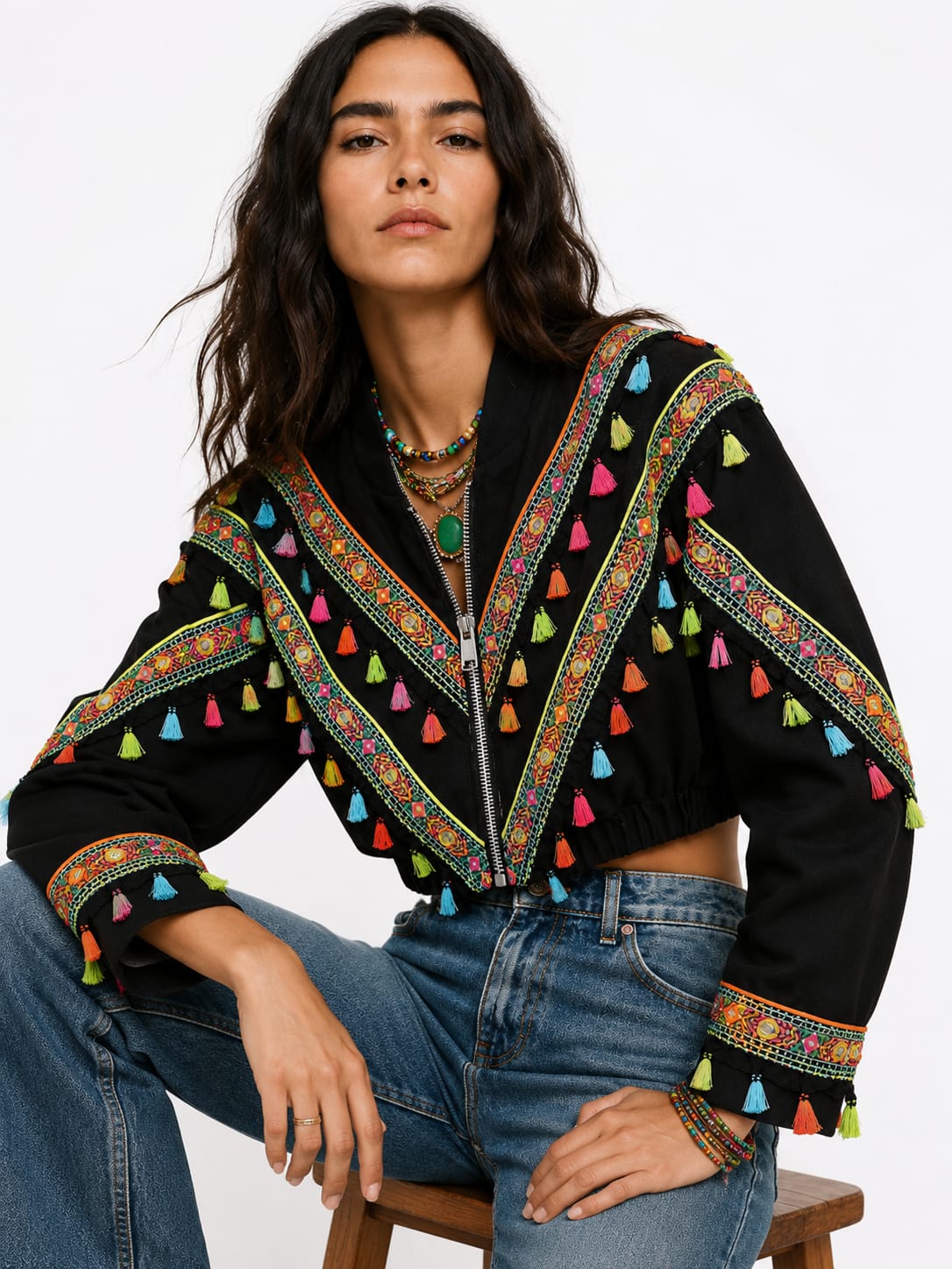 Black Embroidered Tassel Cropped Jacket