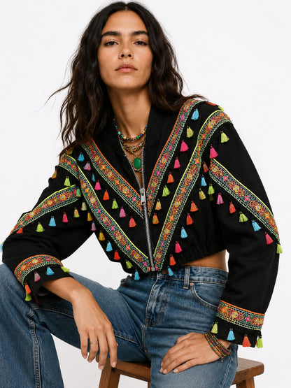 Black Embroidered Tassel Cropped Jacket