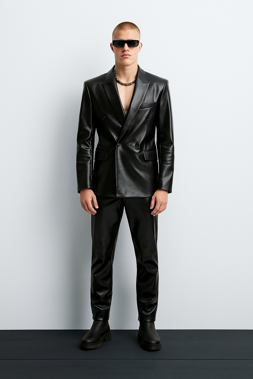Black Faux Leather Power Suit