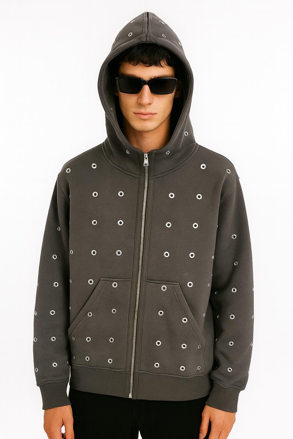 Eyelet-Detailed Zip-Up Hoodie