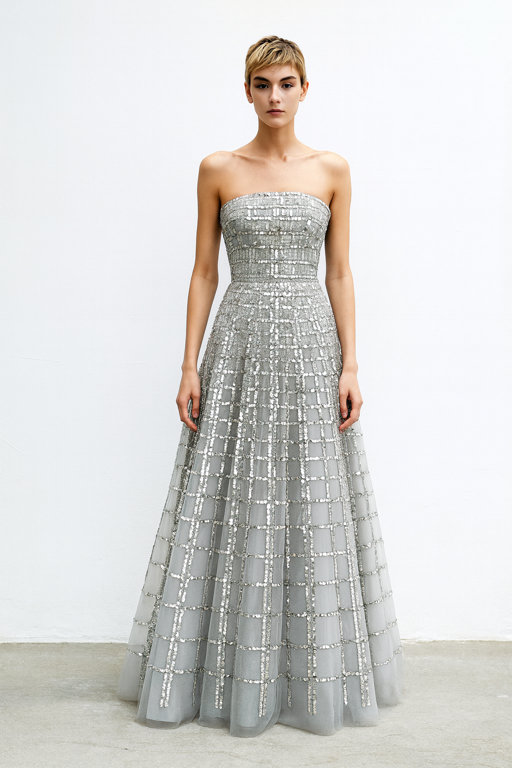 Silver Embellished Strapless Gown