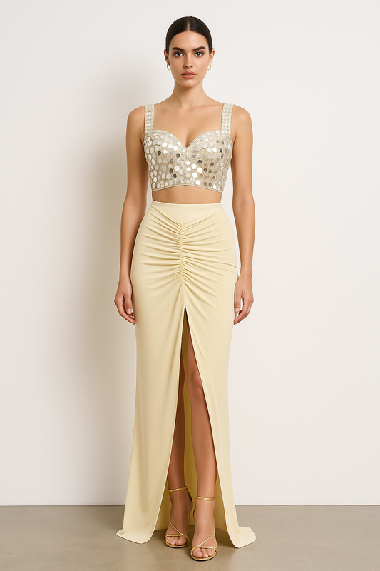 Biege Mirror Work Bustier with Ruched Slit Skirt Set