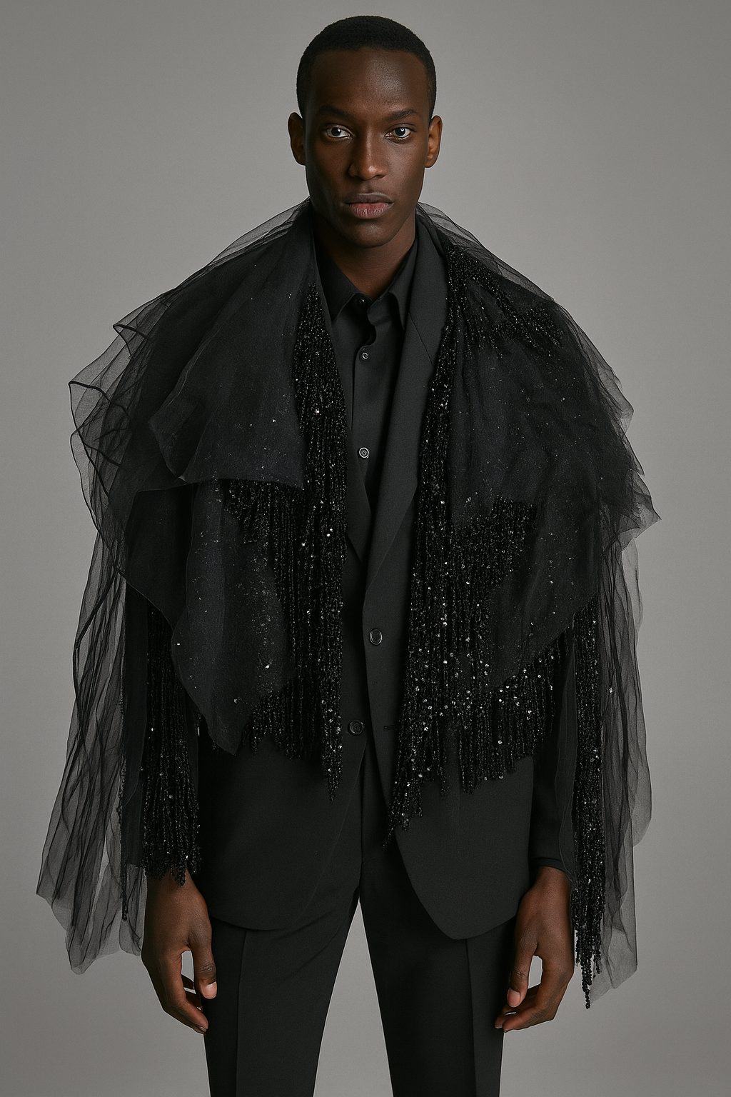 Black Couture Tulle & Beaded Fringe Shawl Jacket