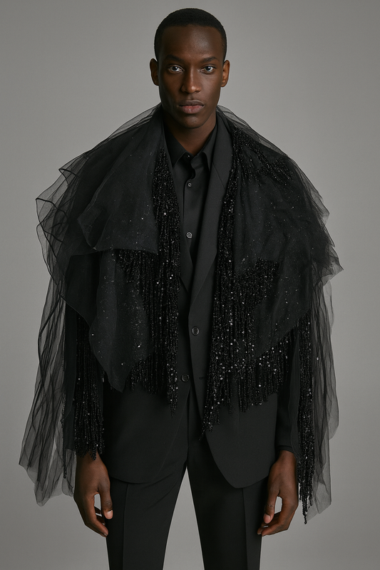 Black Couture Tulle & Beaded Fringe Shawl Jacket