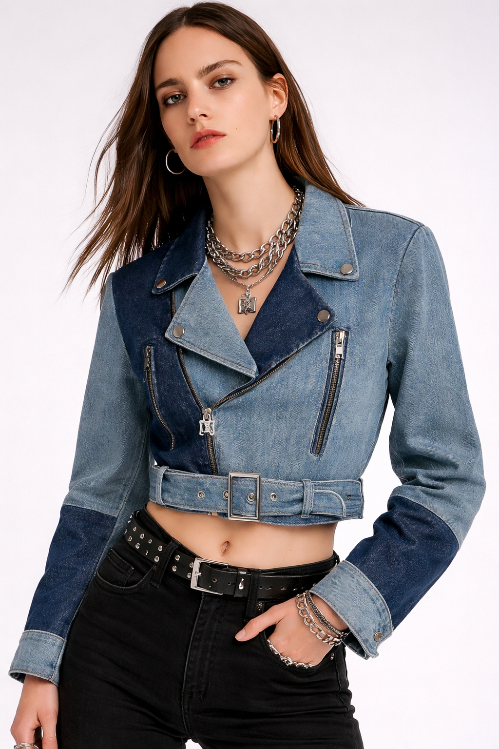 Belted Biker Denim Jacket