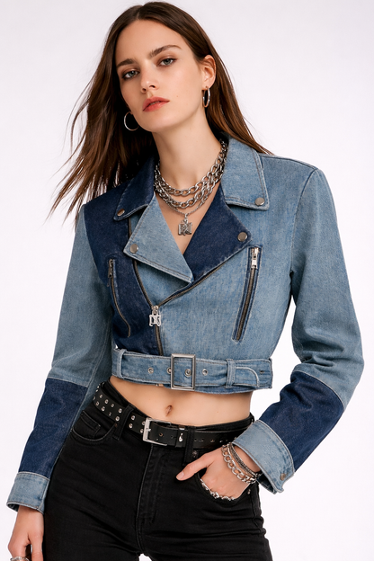Belted Biker Denim Jacket