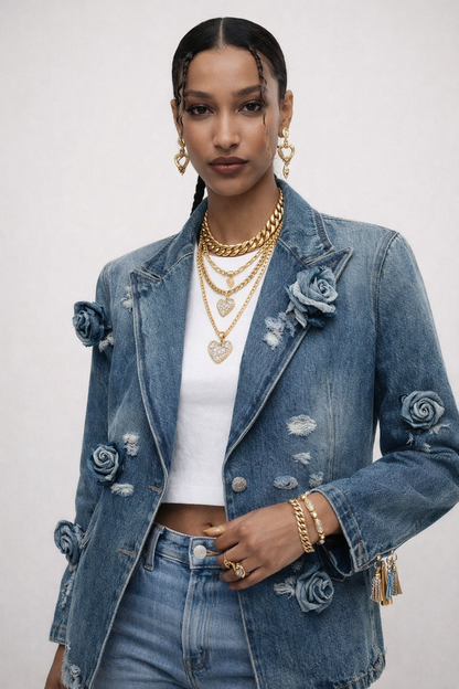 Embellished Floral Denim Blazer