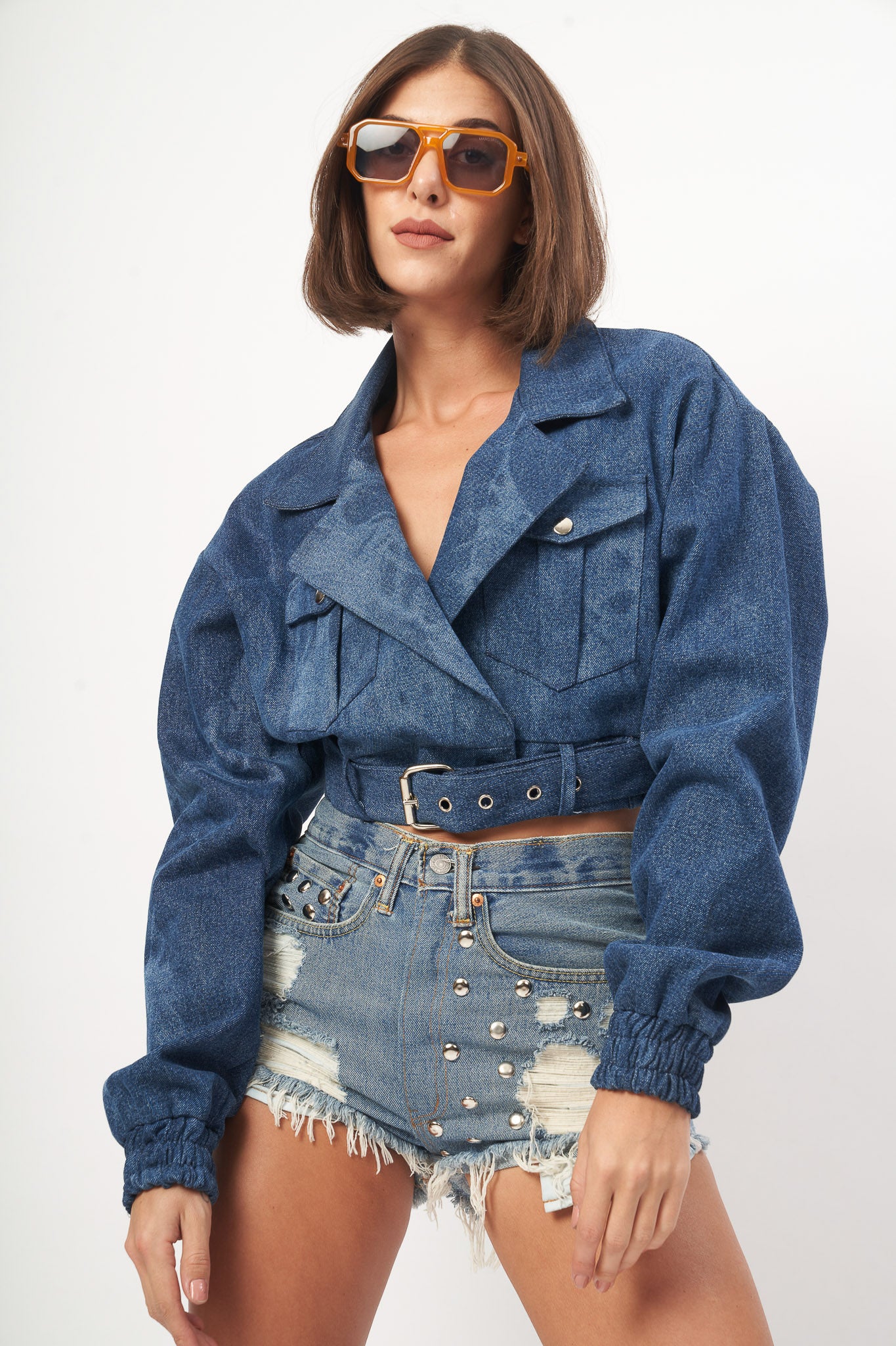 Denim Cropped Utility Jacket with Belted Waist