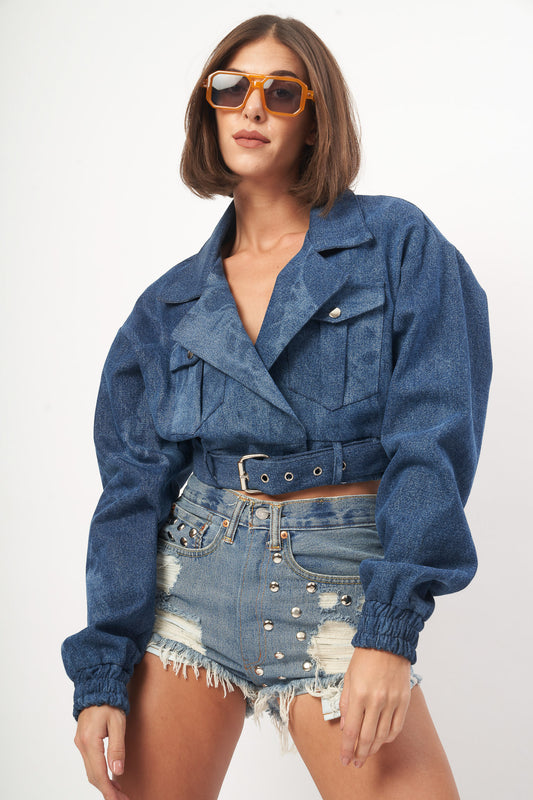 Denim Cropped Utility Jacket with Belted Waist