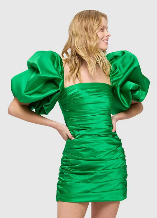 Emerald Satin Puff-Sleeve Mini Dress