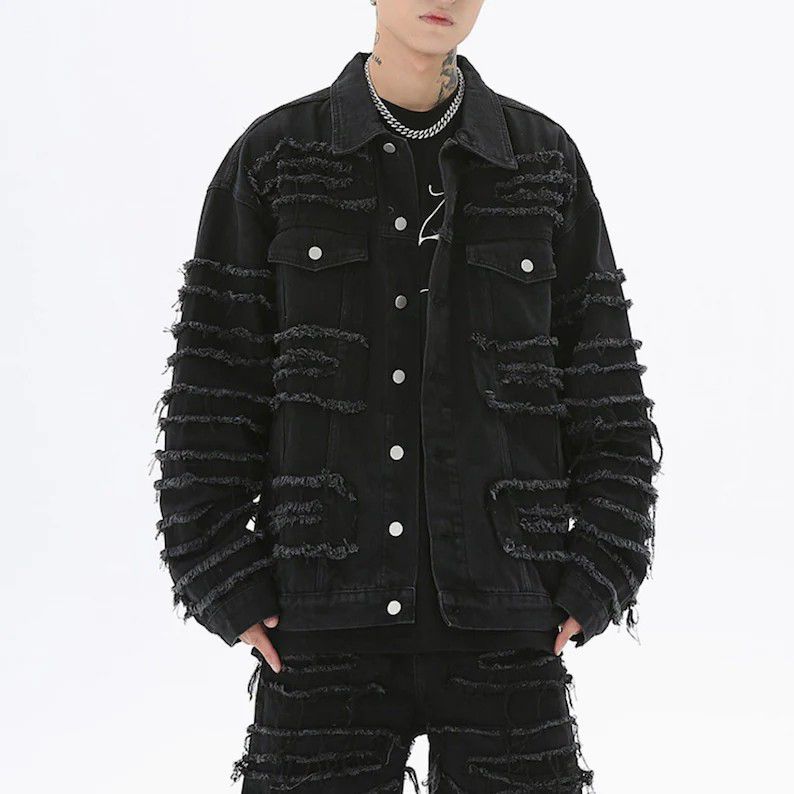 Black Shredded Texture Distressed Denim Jacket