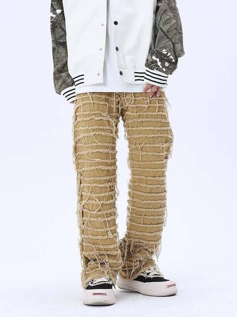 Beige Shredded Texture Streetwear Pants