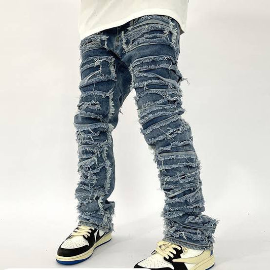 Blue Ultra-Shredded Stacked Denim Pants