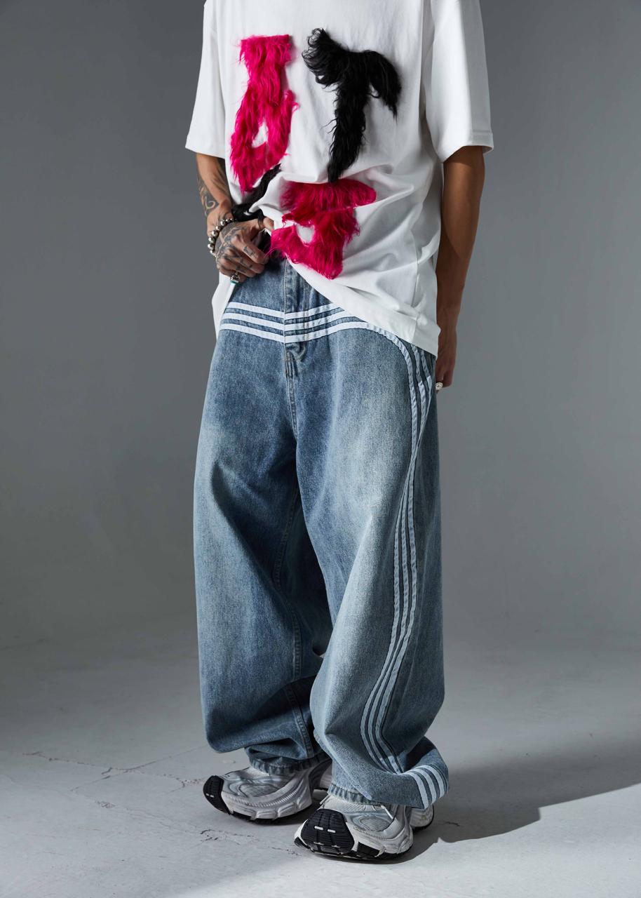 Ultra-Wide Vintage Blue Track-Stripe Denim