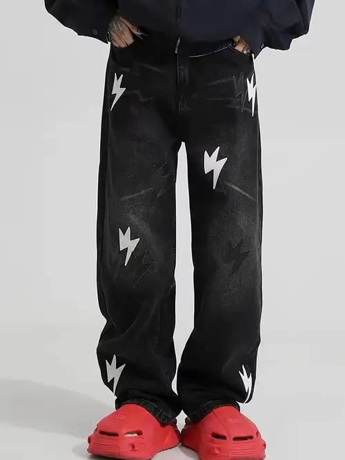 Black Bolt Graphic Wide-Leg Denim