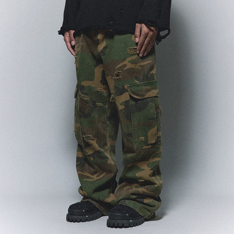 Distressed Camo Cargo Wide-Leg Pants