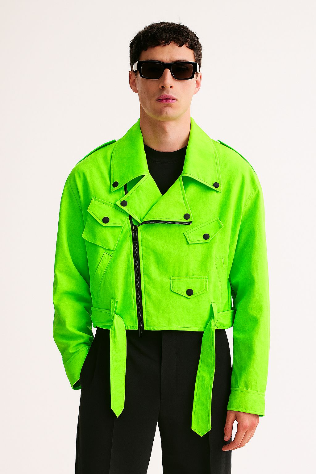 Neon Green Cropped Utility Moto Jacket