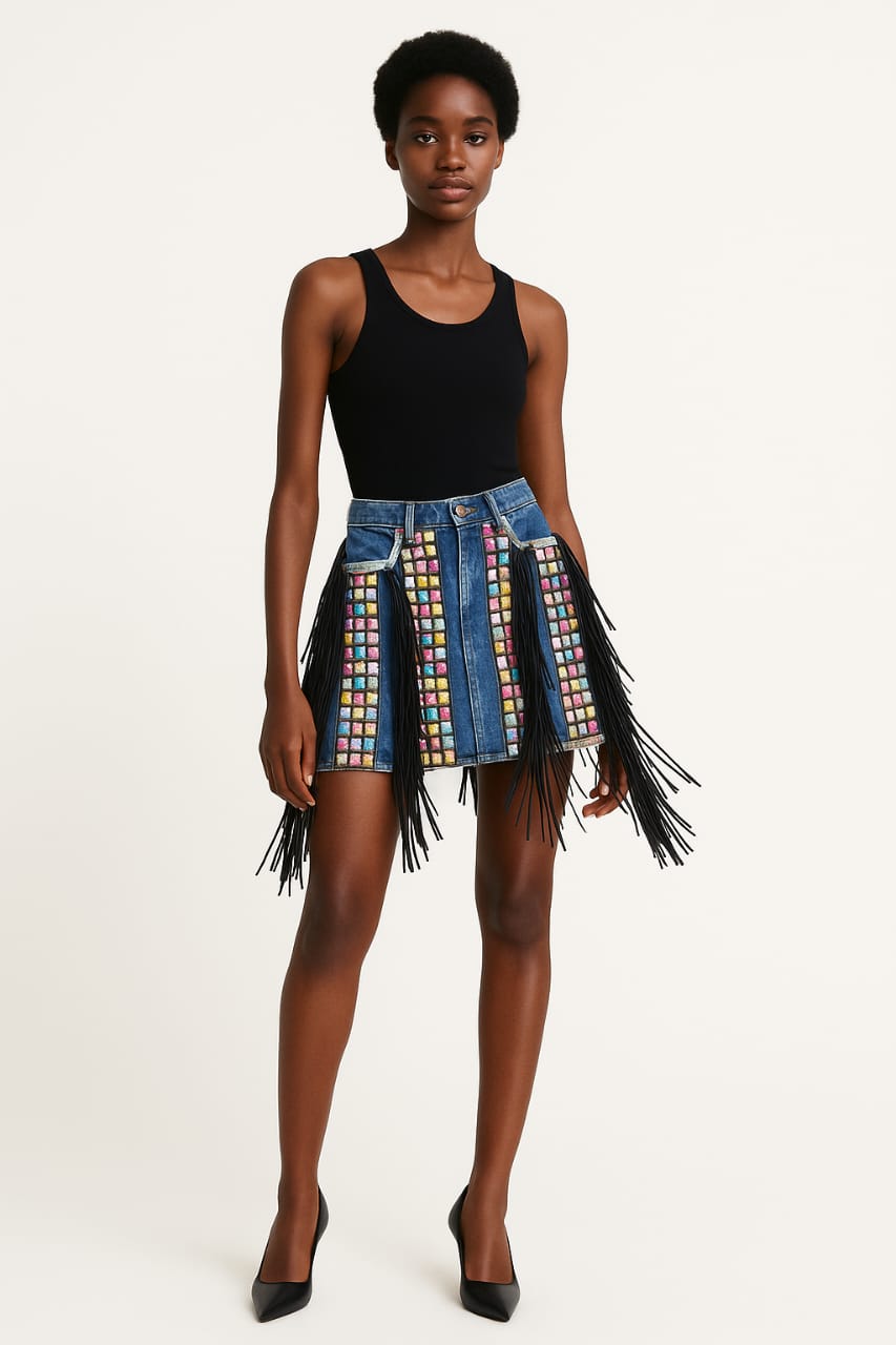 Denim Fringe Mini Skirt