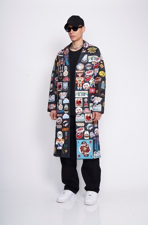 Full Patchwork Graphic Long Denim Coat