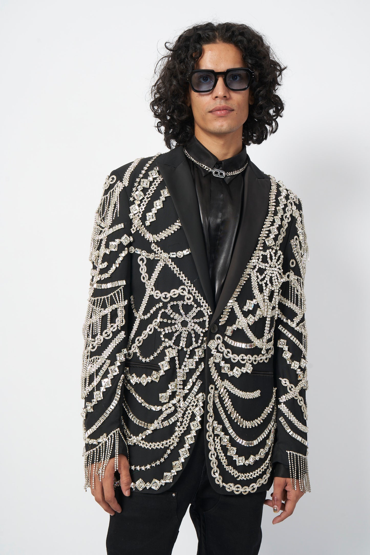 Black Crystal-Draped Statement Blazer