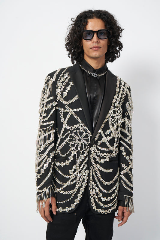 Black Crystal-Draped Statement Blazer
