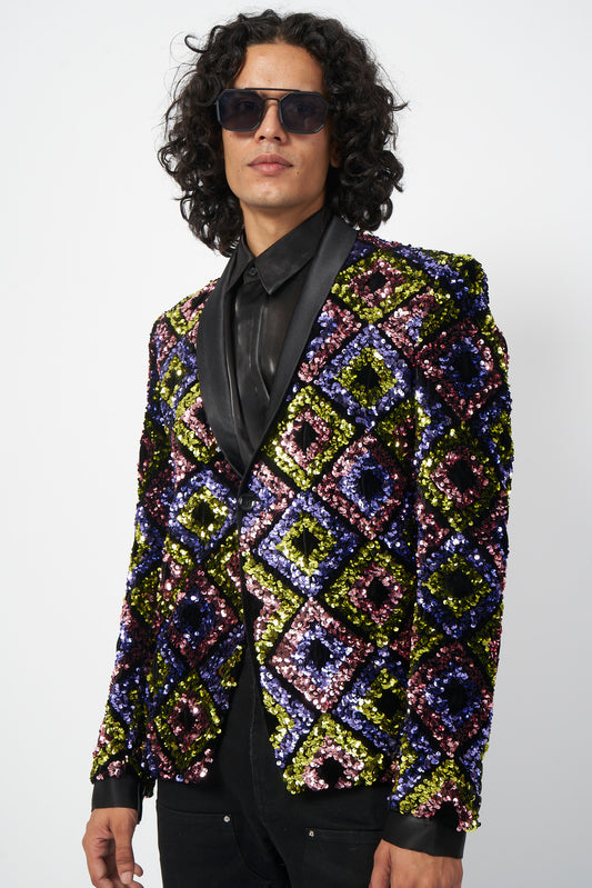 Multicolour Sequin Geometric Pattern Blazer