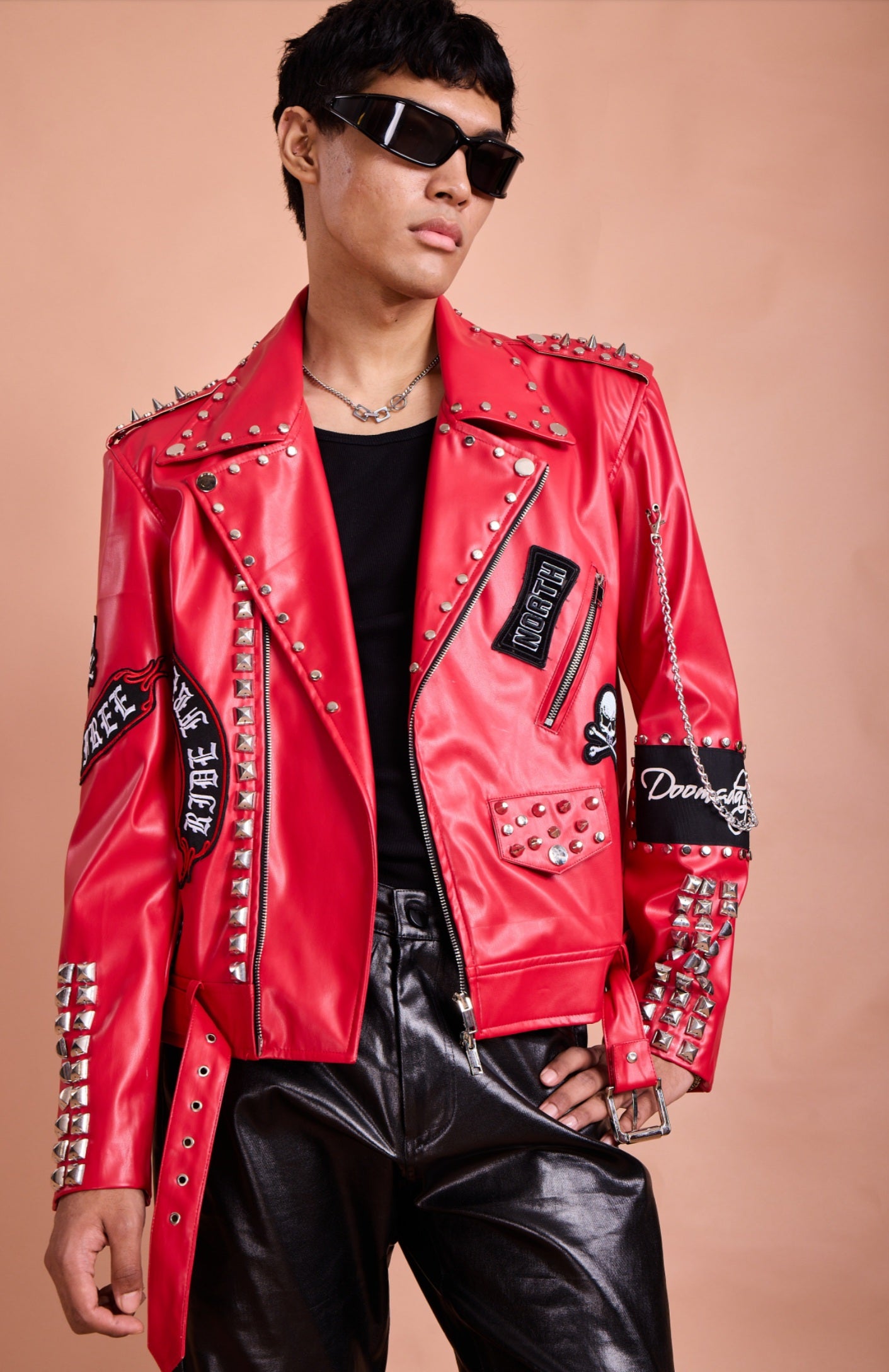 Red Studded Punk Moto Leather Jacket