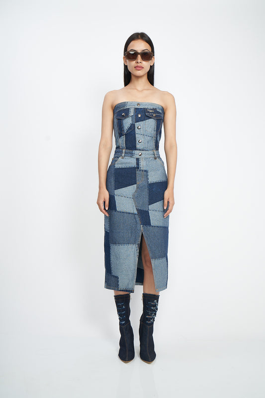 Patchwork Strapless Denim Midi Dress