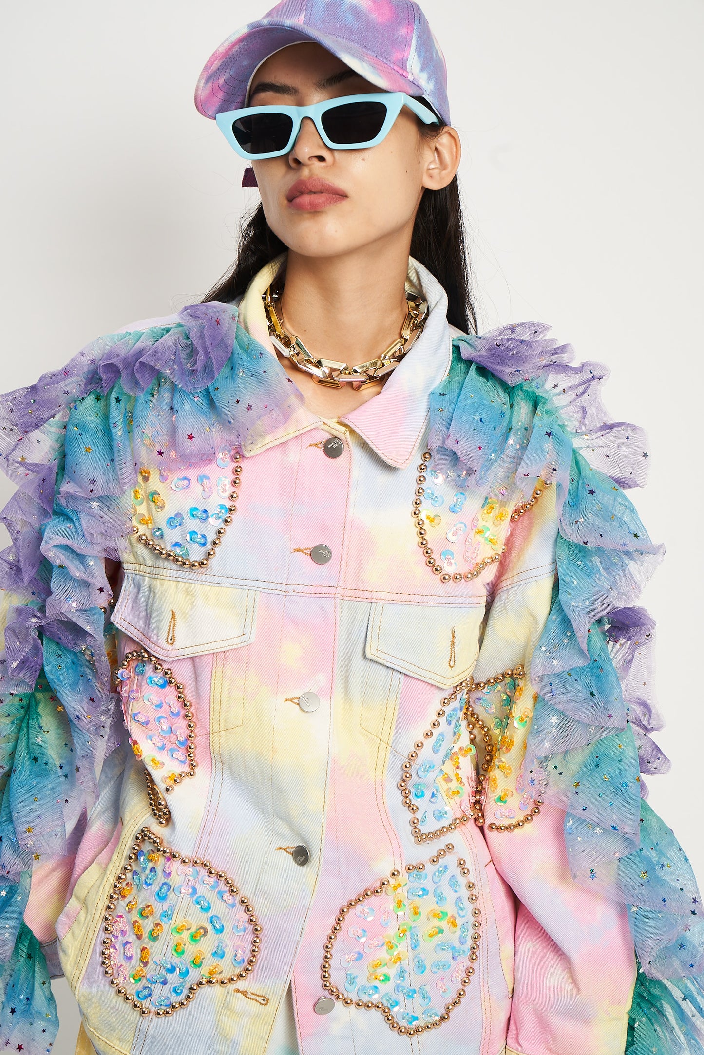 Rainbow Embellished Tulle Denim Jacket