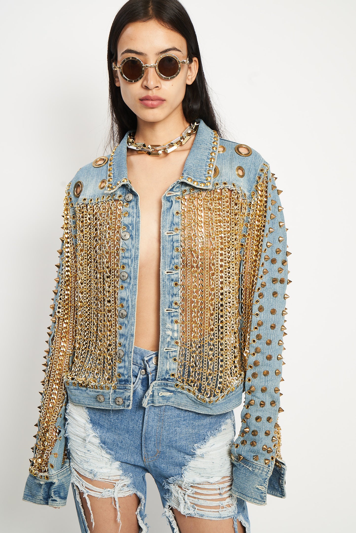 Chain Fringe Studded Denim Jacket