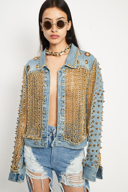 Chain Fringe Studded Denim Jacket