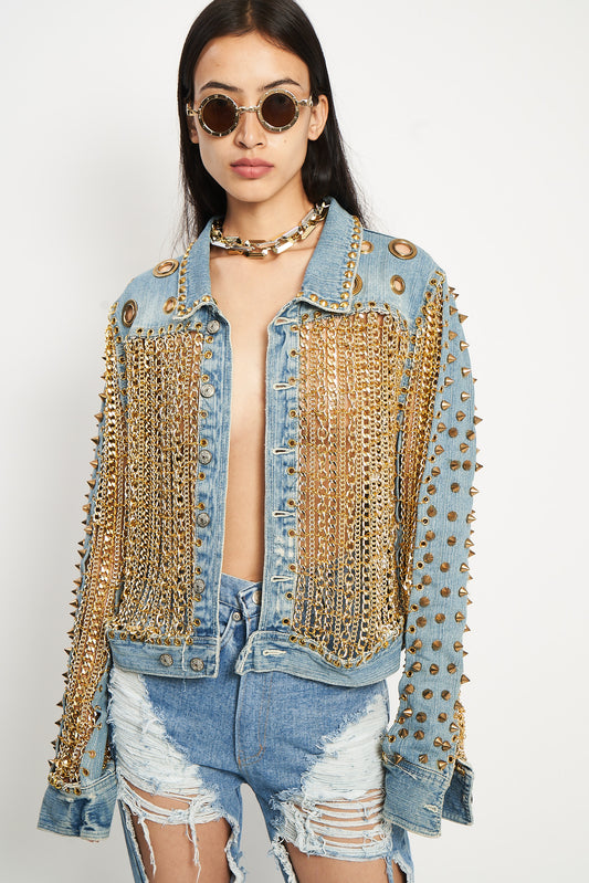 Chain Fringe Studded Denim Jacket