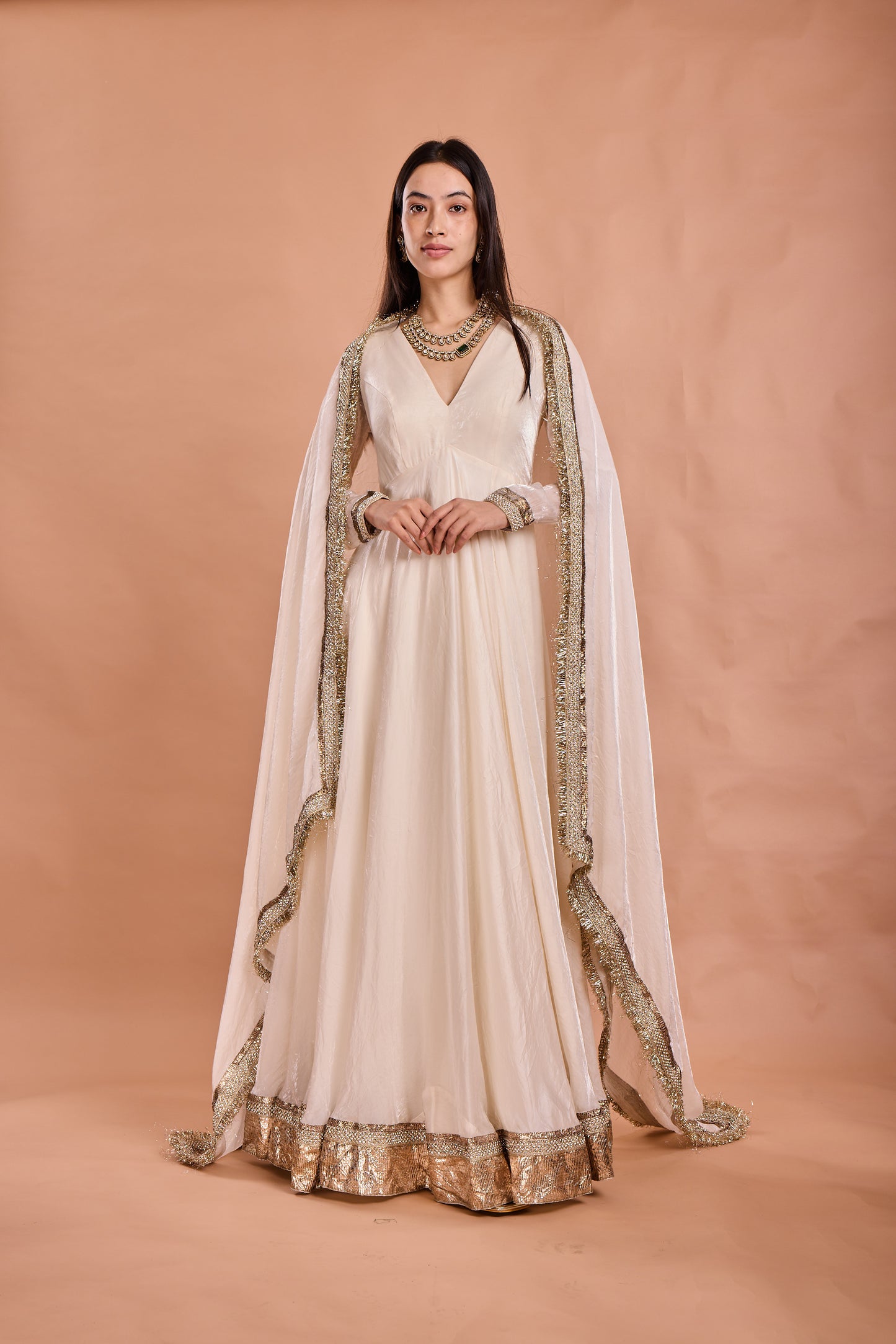 Ivory Gold Embellished Anarkali Gown with Dupatta