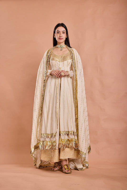 Ivory Gold Hand-Embroidered Kurta Set with Dupatta
