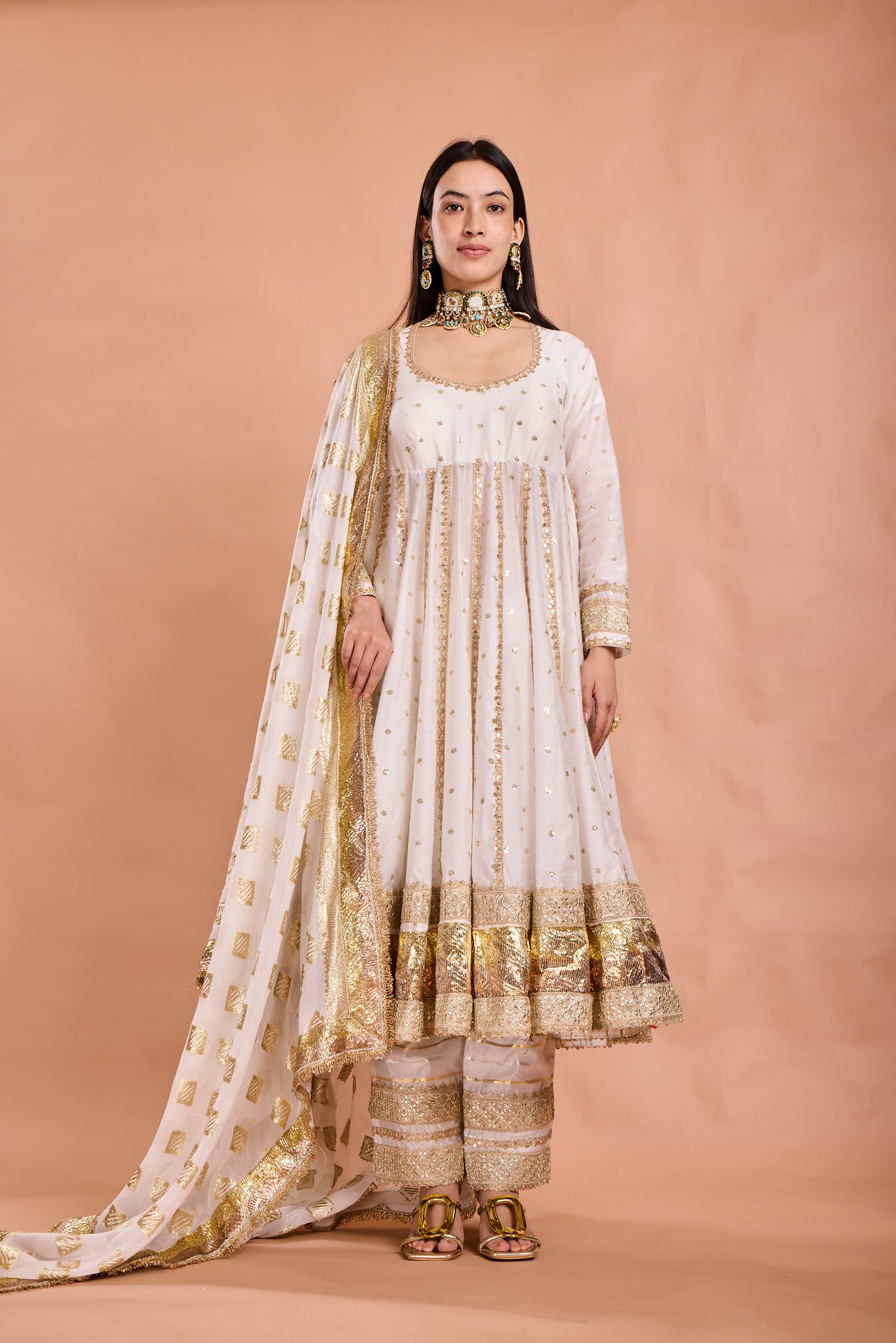Ivory Gold Mirror & Gota Work Anarkali Set with Dupatta