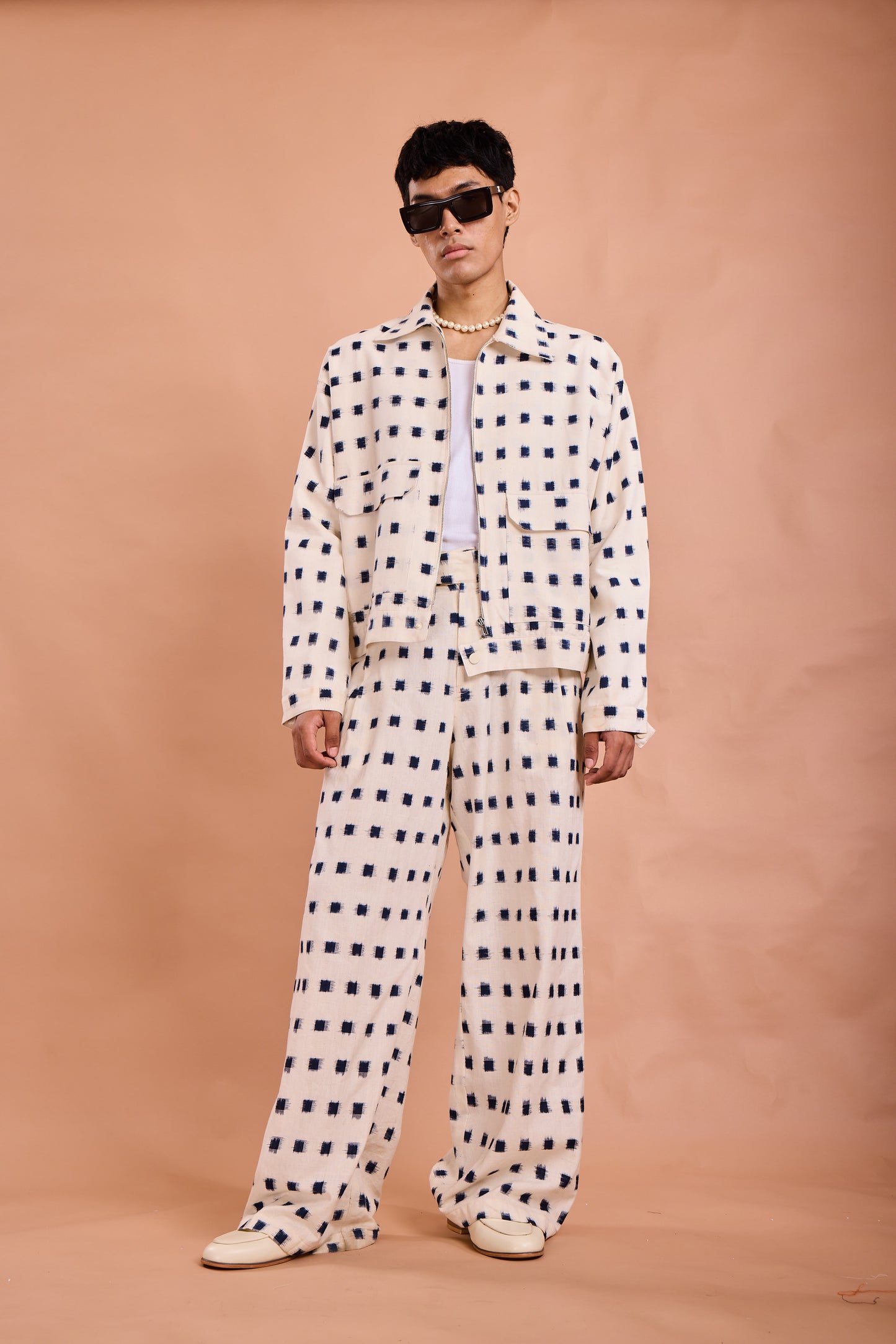 Cream & Navy Grid Print Relaxed Co-Ord Set